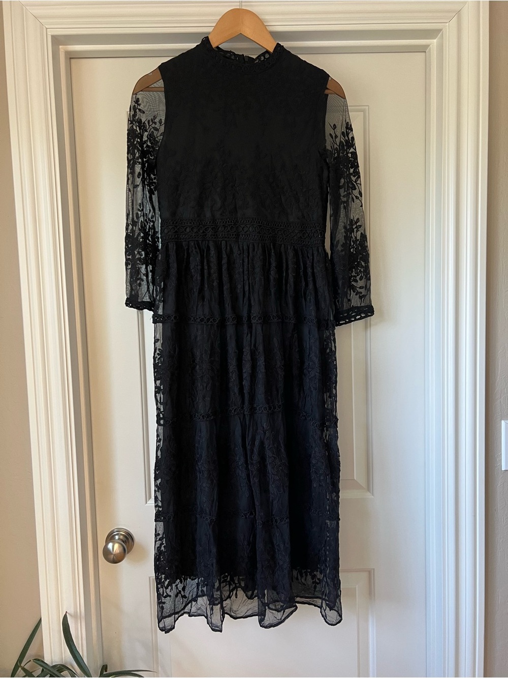 Black Lace Dress with Sheer Embroidered Sleeves and High Neck